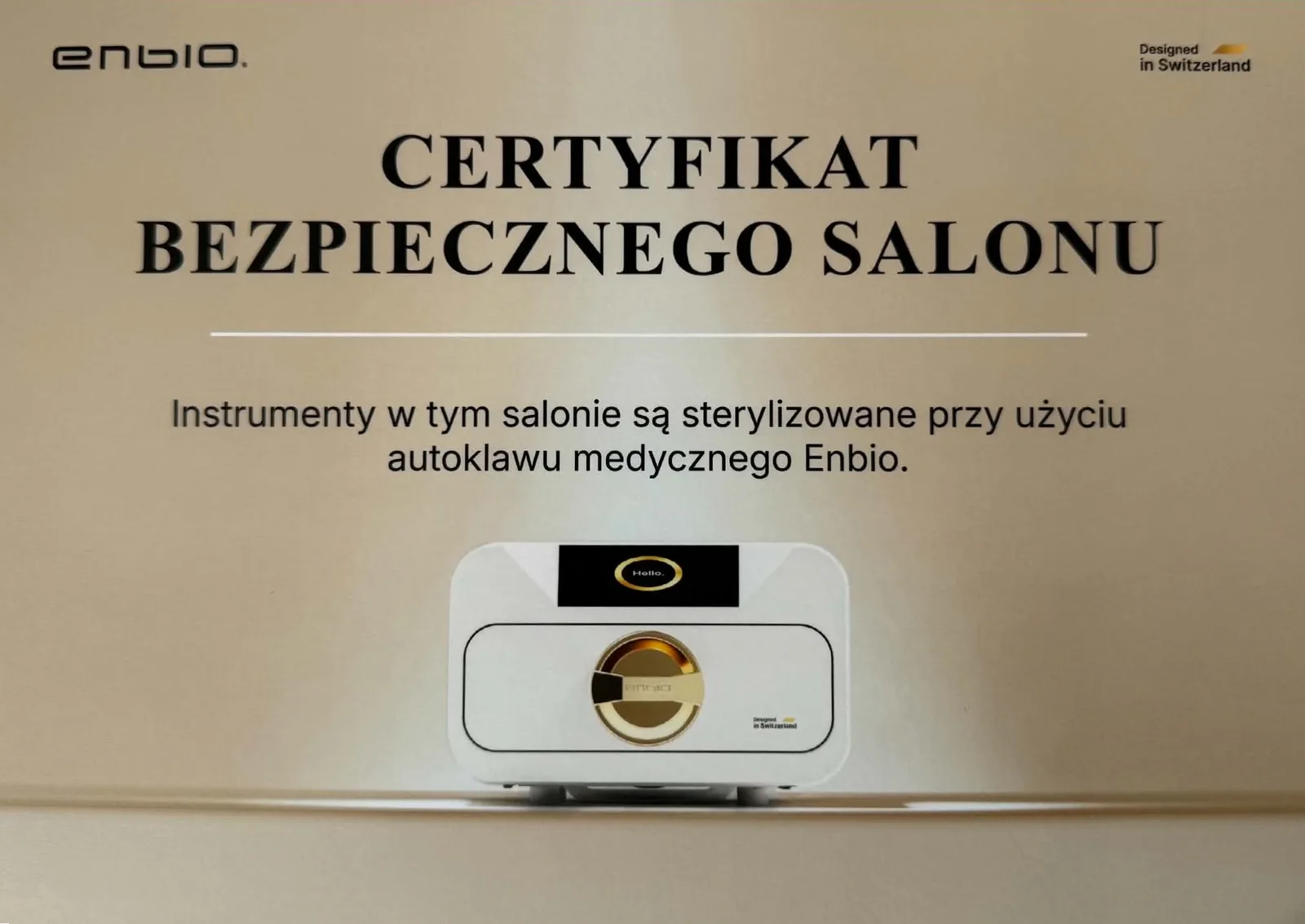 Certyfikat Bezpiecznego Salonu Enbio — sterylizacja narzędzi autoklawem medycznym