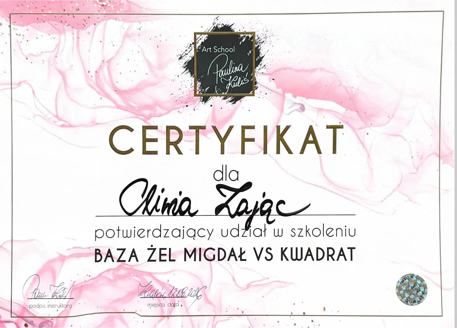 Certyfikat Art School — szkolenie Baza żel: migdał vs kwadrat, Oliwia Zając